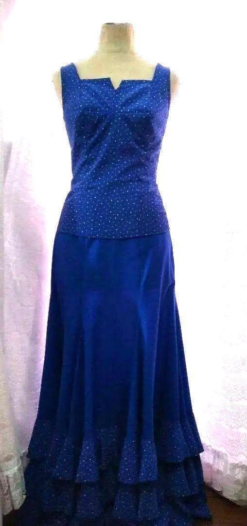 フラメンコ衣装　青無地＋カラフルなドット入りトップスとフリル　アトリエ喜美江