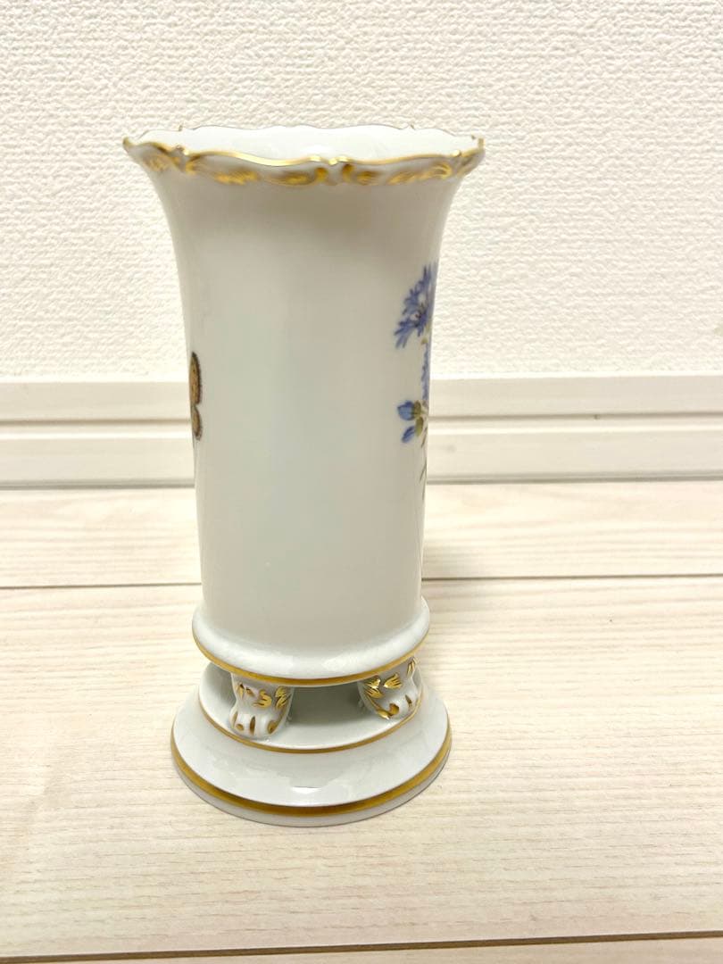 マイセン 一級品 花瓶 フラワーベース 矢車菊 蝶 花 昆虫