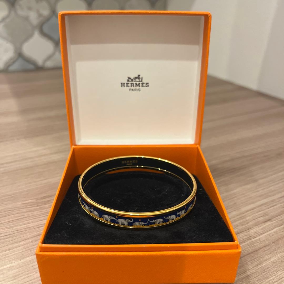 HERMES バングル エマイユ　七宝焼　青と金 象模様 金メッキ