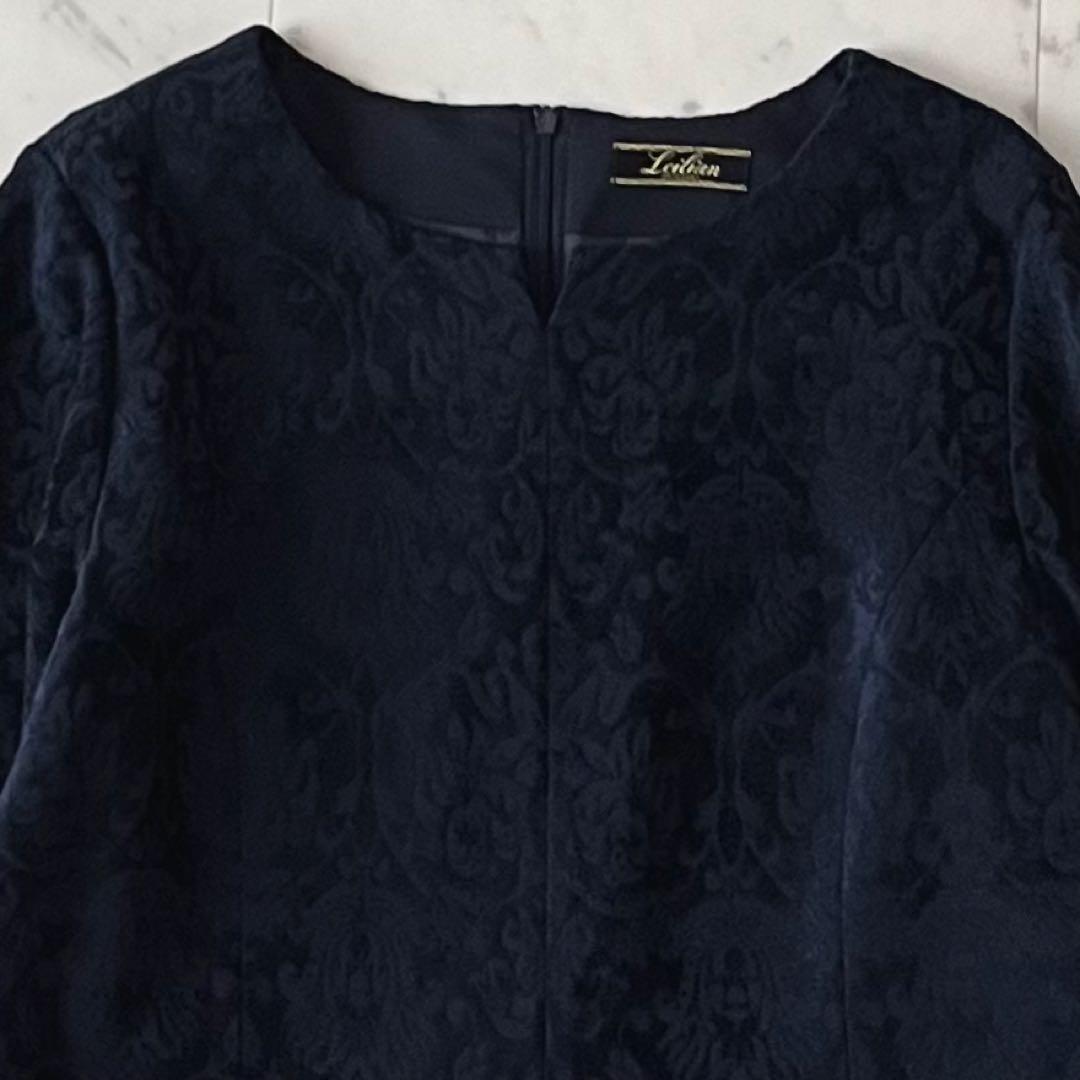 極美品＊レリアン ウール混総柄ワンピース 15号 大きいサイズ ネイビー 日本製