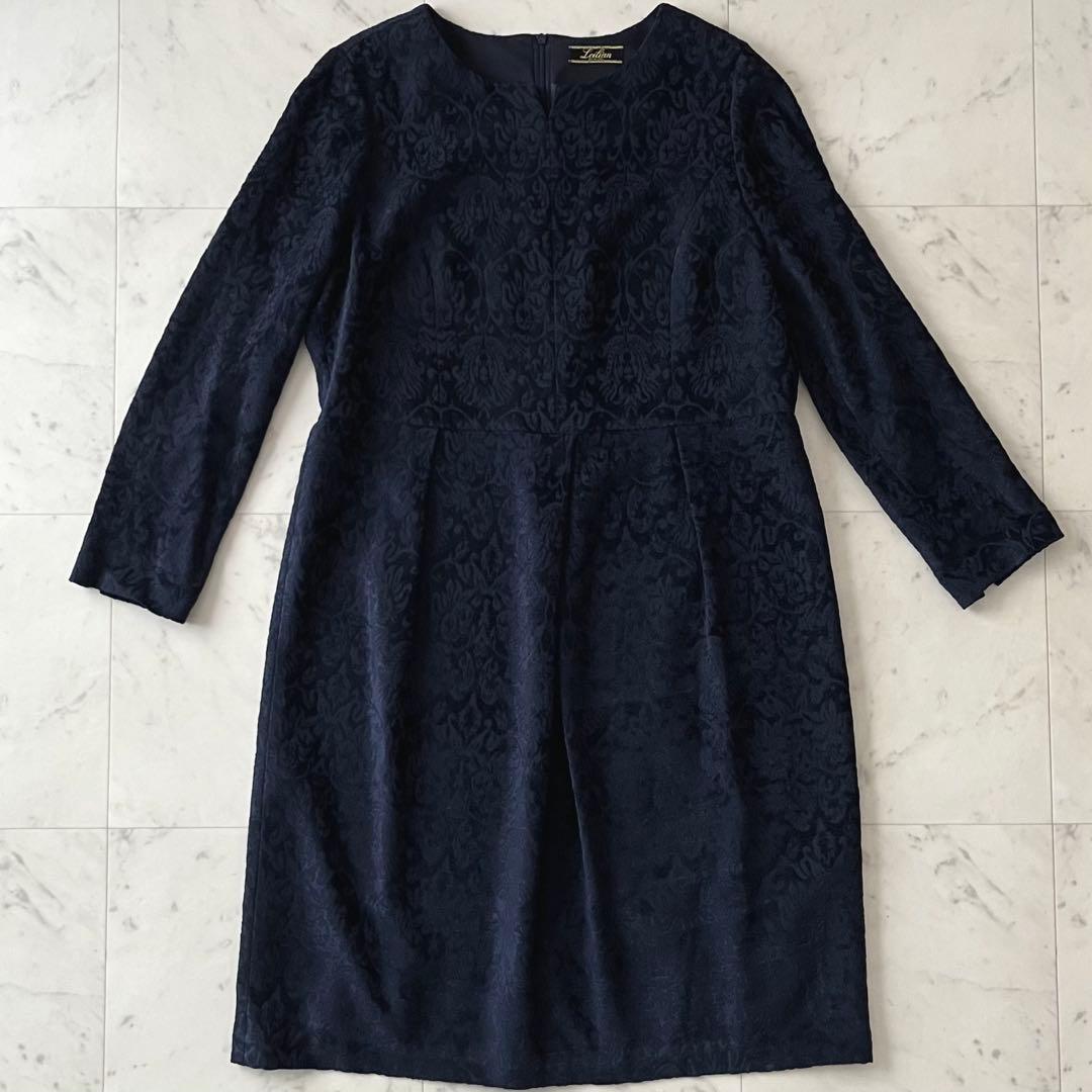 極美品＊レリアン ウール混総柄ワンピース 15号 大きいサイズ ネイビー 日本製