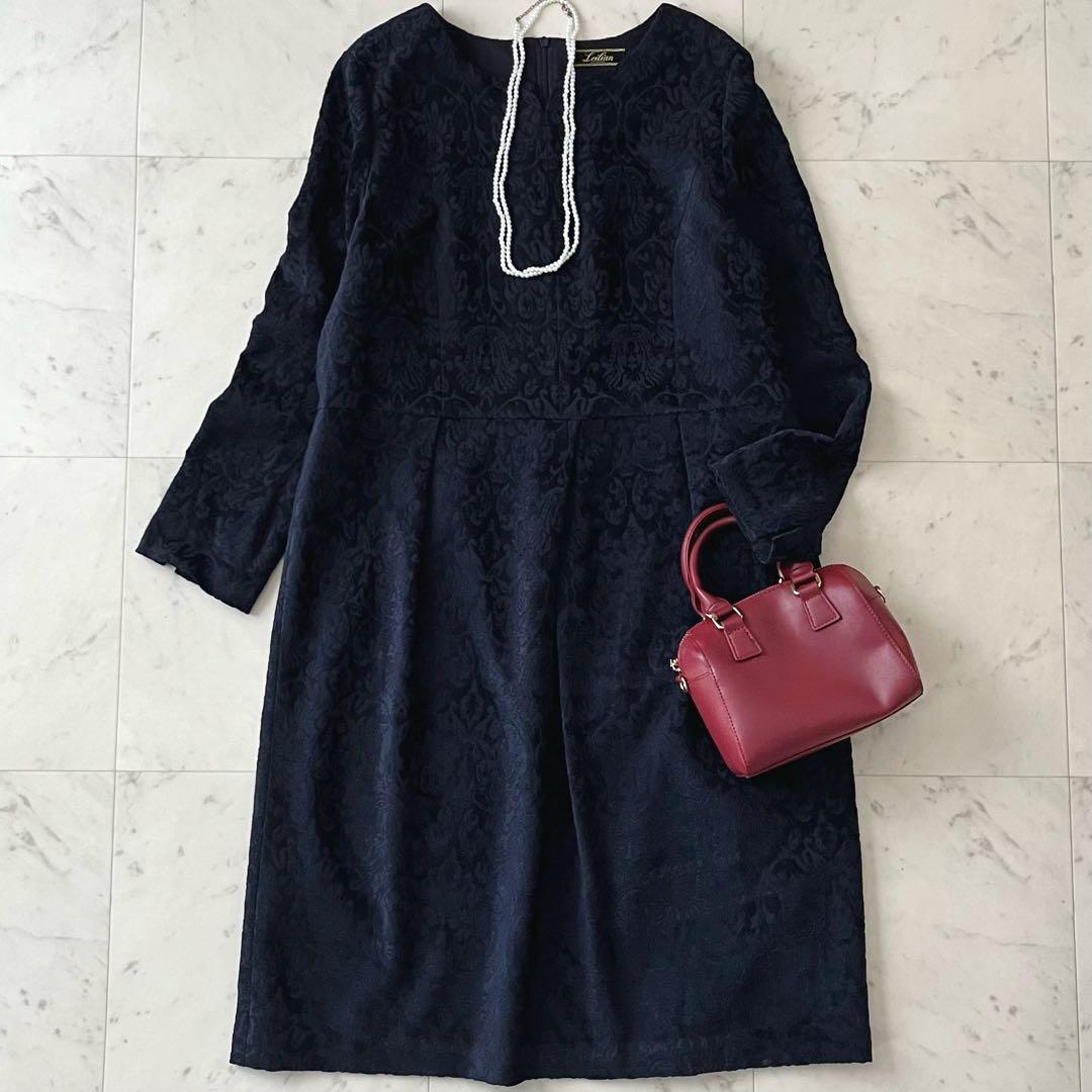 極美品＊レリアン ウール混総柄ワンピース 15号 大きいサイズ ネイビー 日本製