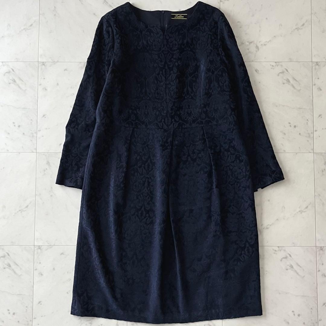 極美品＊レリアン ウール混総柄ワンピース 15号 大きいサイズ ネイビー 日本製