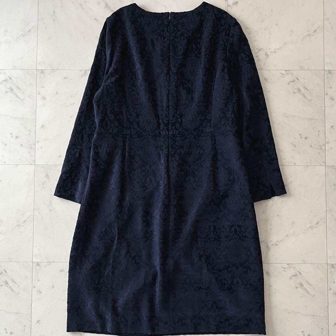 極美品＊レリアン ウール混総柄ワンピース 15号 大きいサイズ ネイビー 日本製