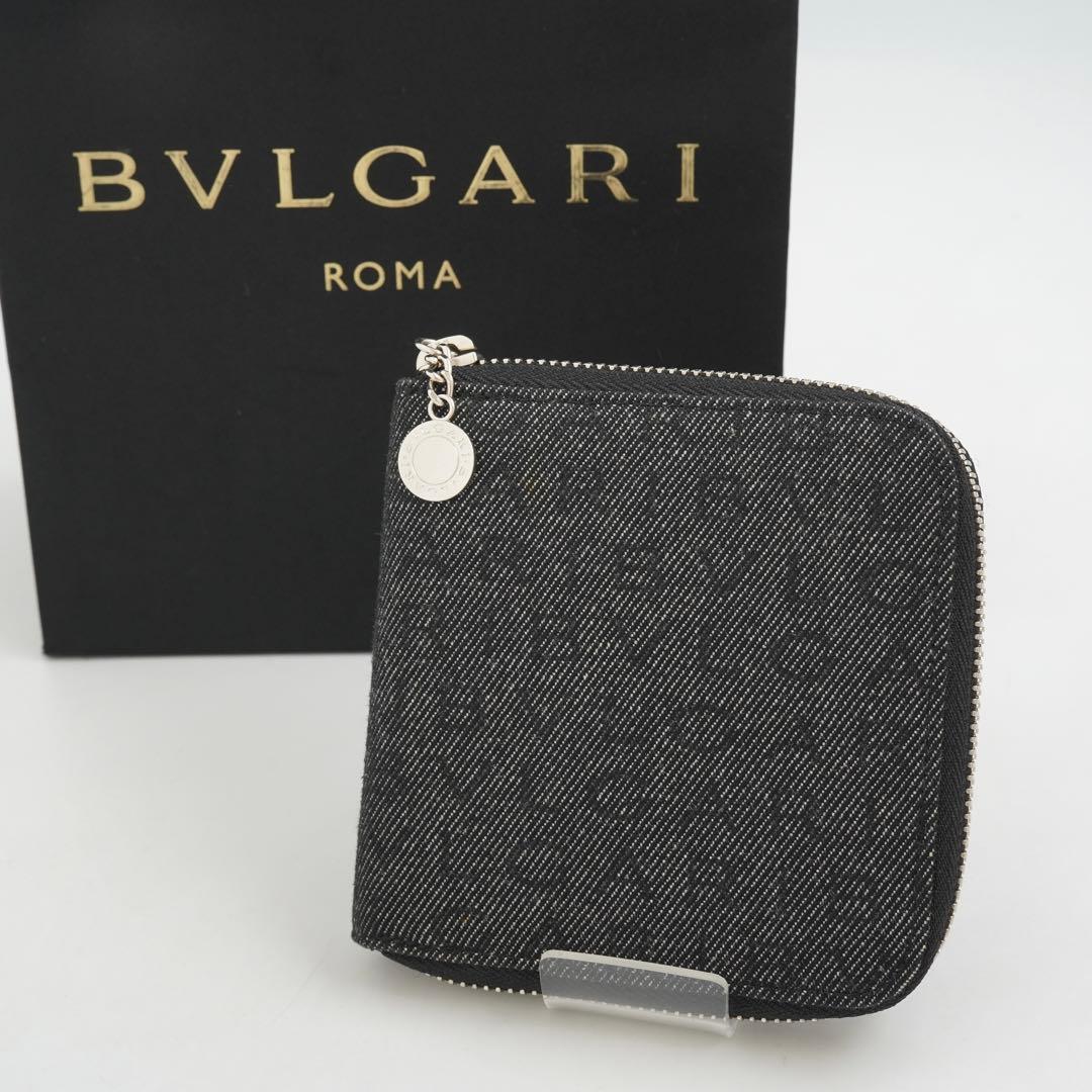 極上美品　BVLGARI ブルガリ　二つ折り　ロゴマニア　キャンバス×レザー　黒