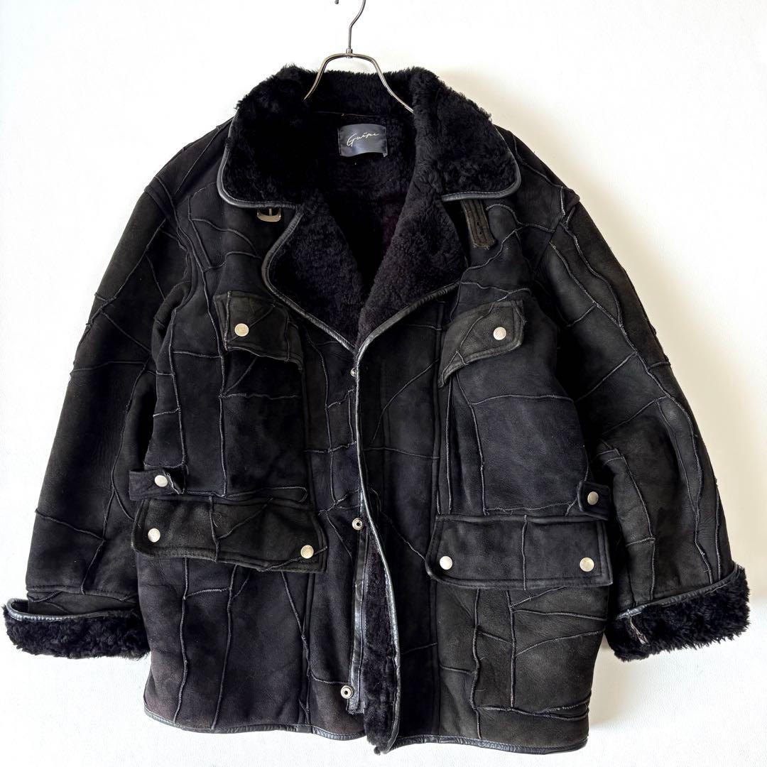 【希少】本革 リアルムートン パッチワーク ラムレザー 羊革 ブラック メンズ