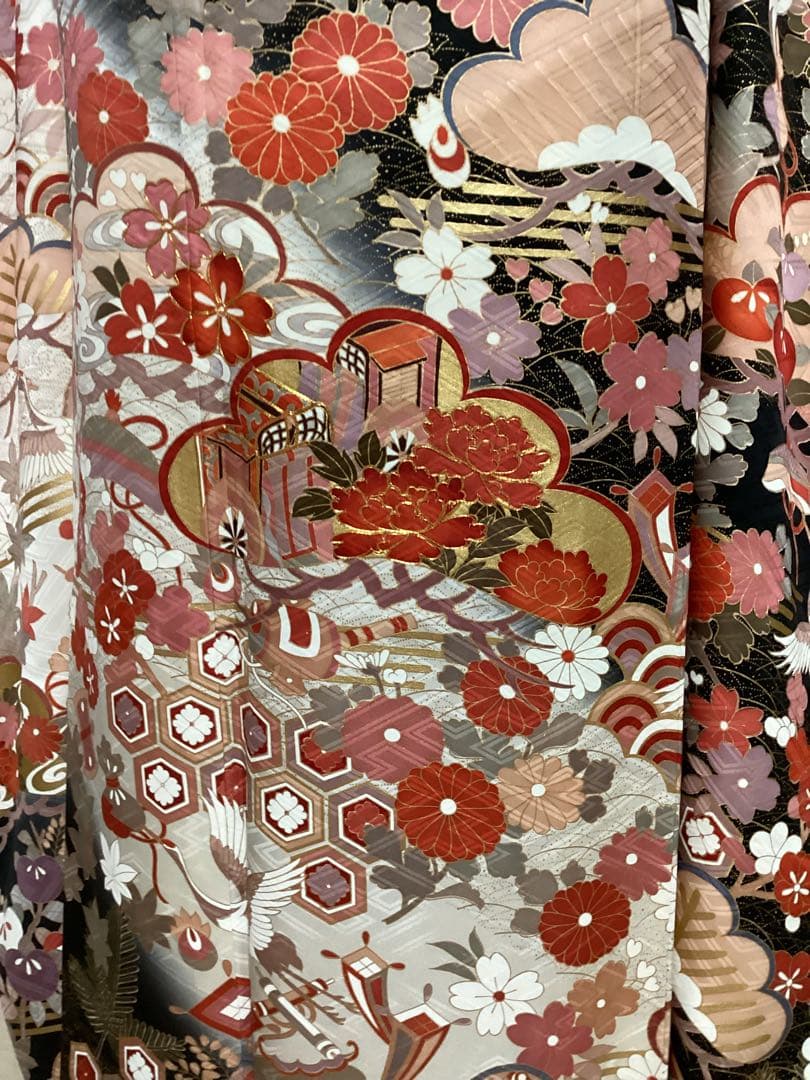 黒地に古典柄の正絹振袖コーディネートセット 長襦袢　フルセット 身丈155