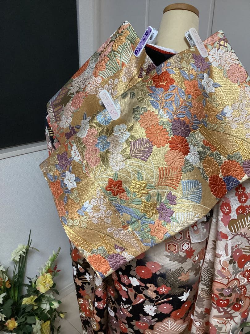 黒地に古典柄の正絹振袖コーディネートセット 長襦袢　フルセット 身丈155