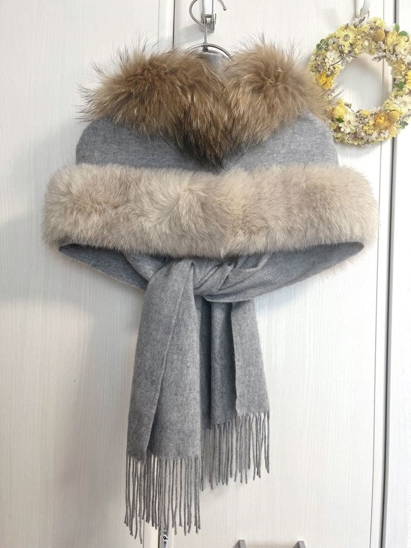 ランバンオンブルー フォックス＆タヌキファー×カシミヤ100%ビジュー付マフラー