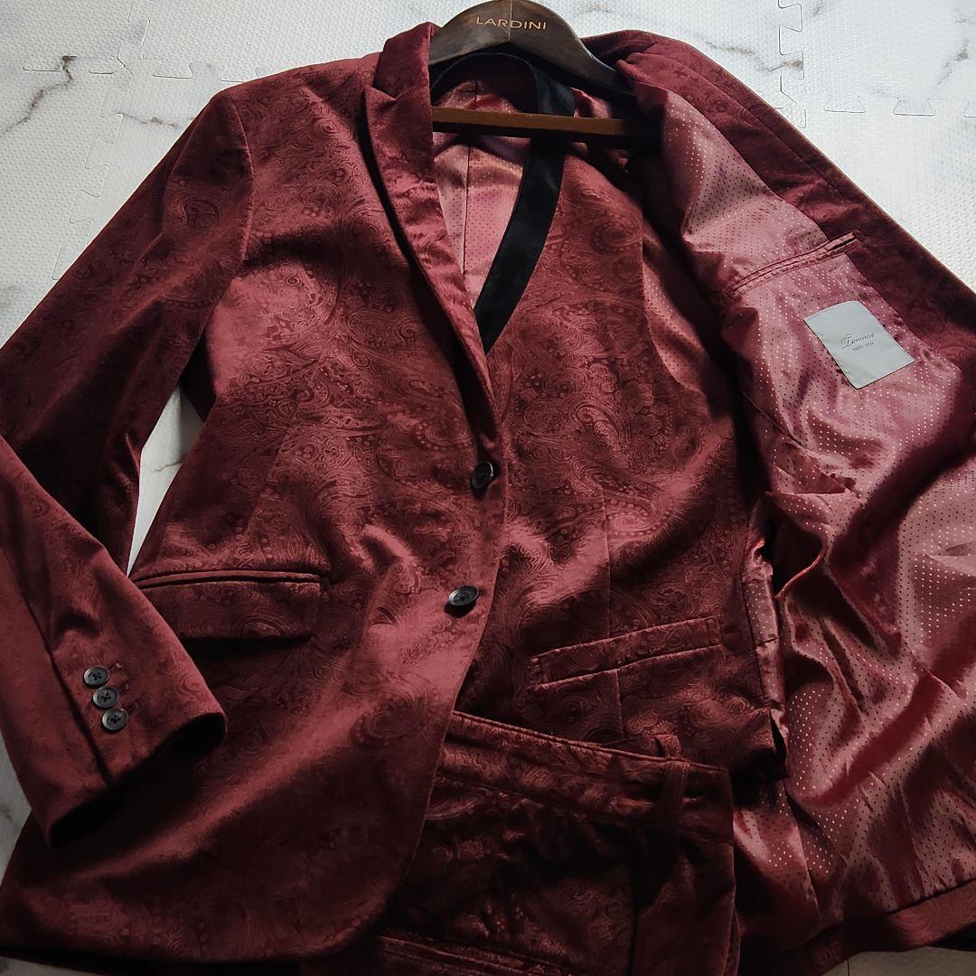 超希少✨XL Tenoras スーツ 3ピース ペイズリー総柄 ベロア ボルドー
