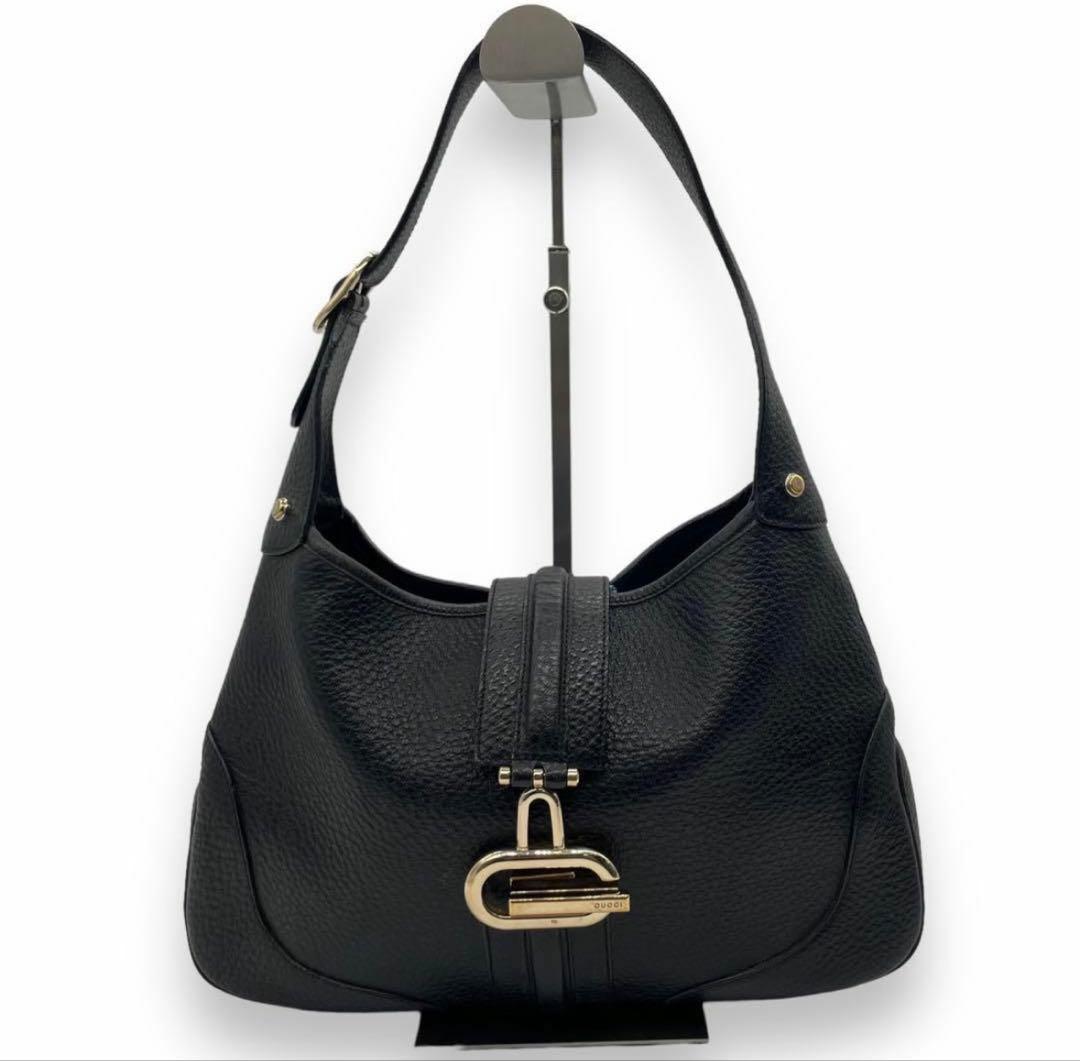 美品GUCCIグッチ ショルダー バッグ ホーボー シボ革 オールレザー