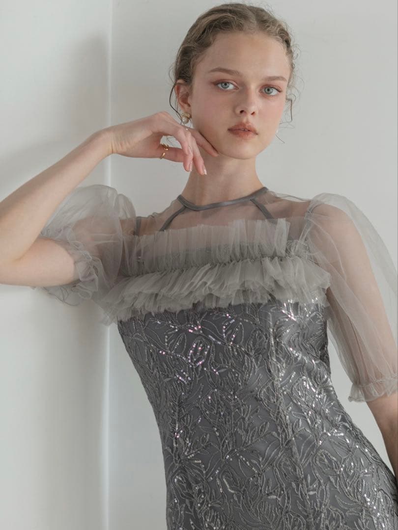 チュールフラワースパンコールIラインワンピースドレス結婚式二次会成人式パーティー