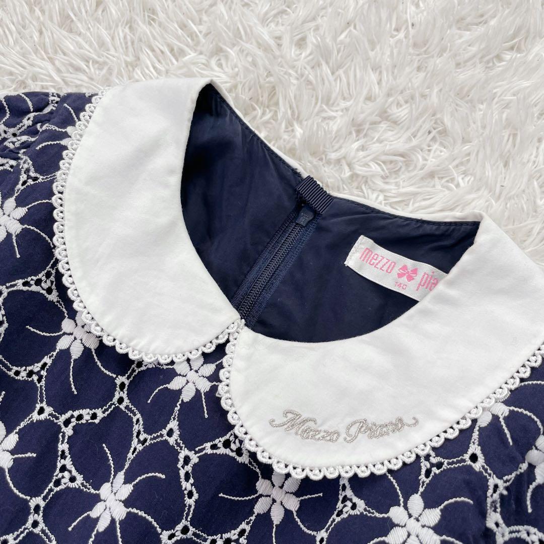 Mezzopiano メゾピアノ 花刺しゅう衿つきワンピース 140 ネイビー