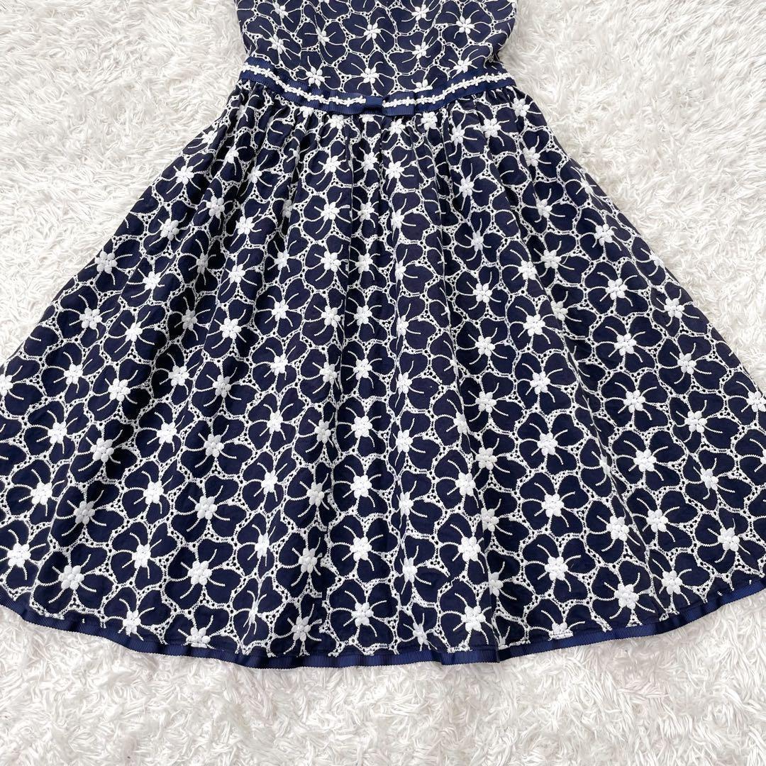 Mezzopiano メゾピアノ 花刺しゅう衿つきワンピース 140 ネイビー