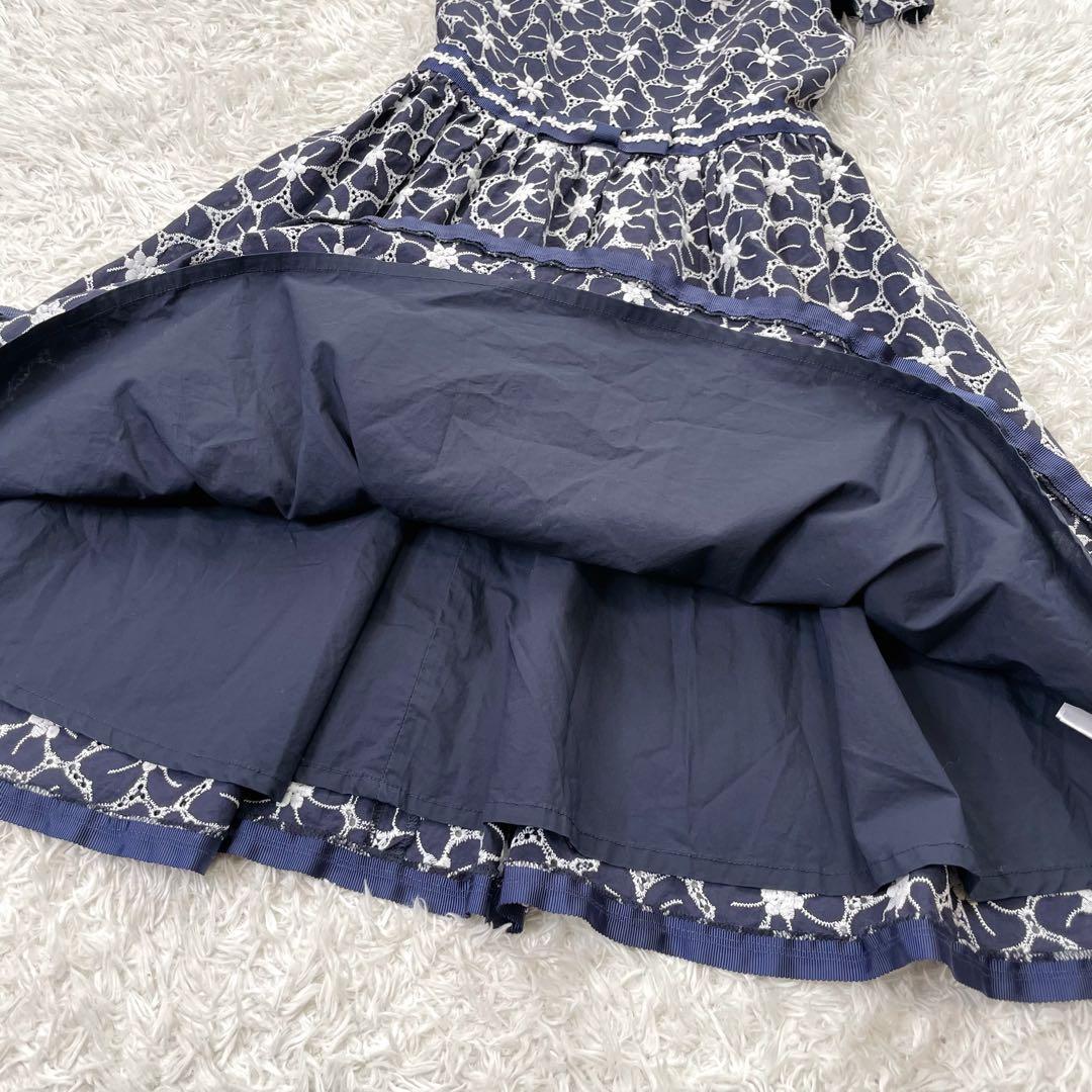 Mezzopiano メゾピアノ 花刺しゅう衿つきワンピース 140 ネイビー