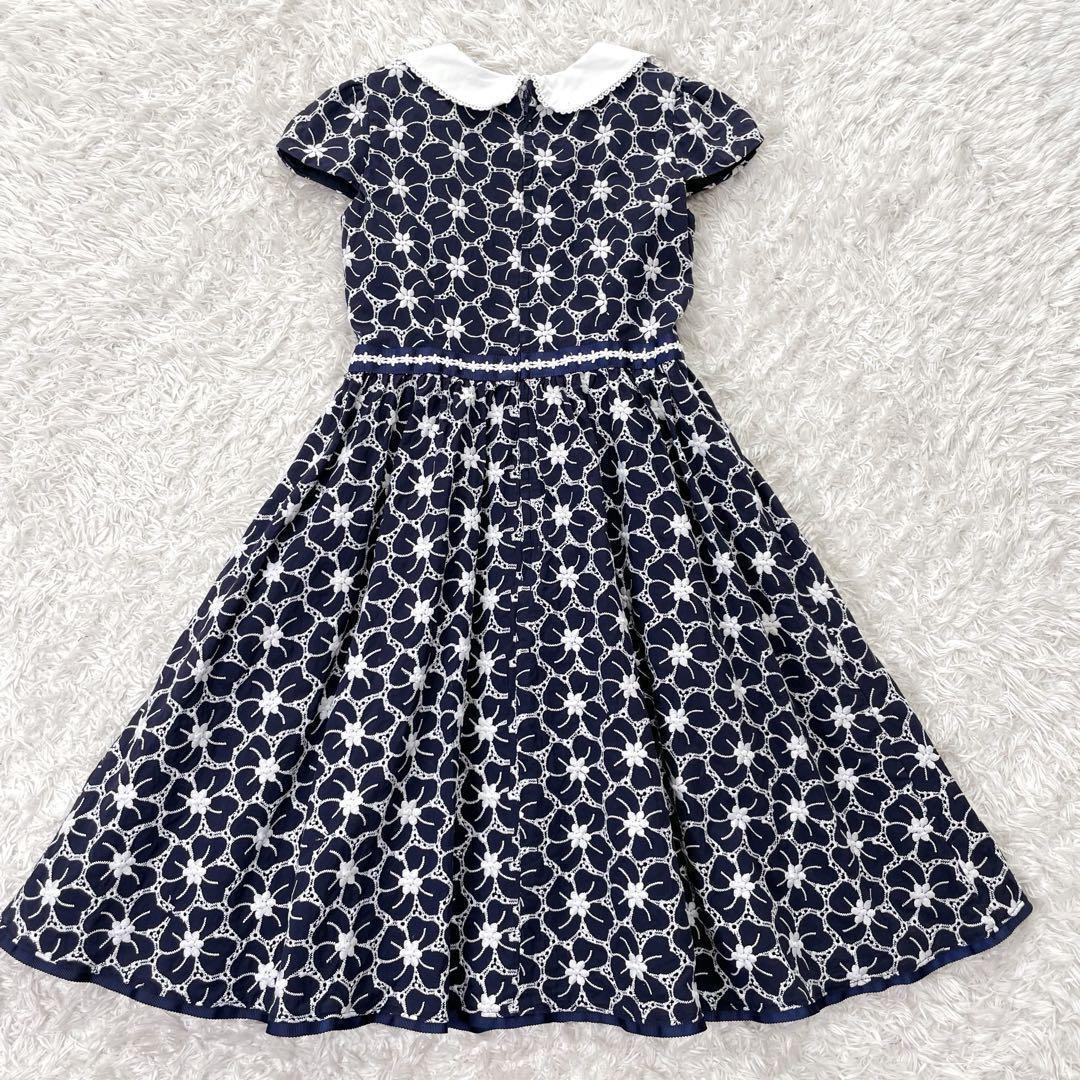 Mezzopiano メゾピアノ 花刺しゅう衿つきワンピース 140 ネイビー