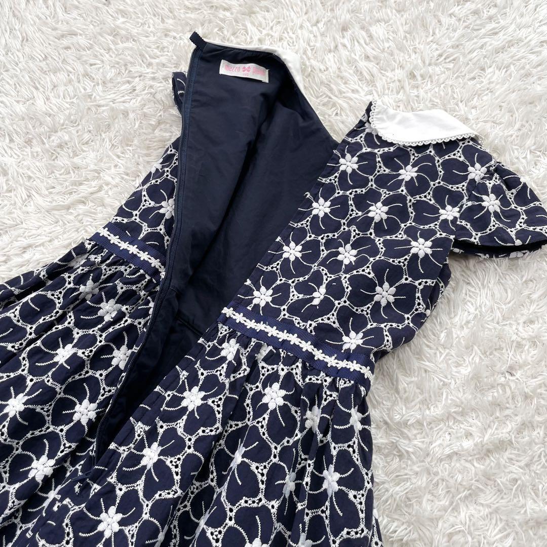 Mezzopiano メゾピアノ 花刺しゅう衿つきワンピース 140 ネイビー
