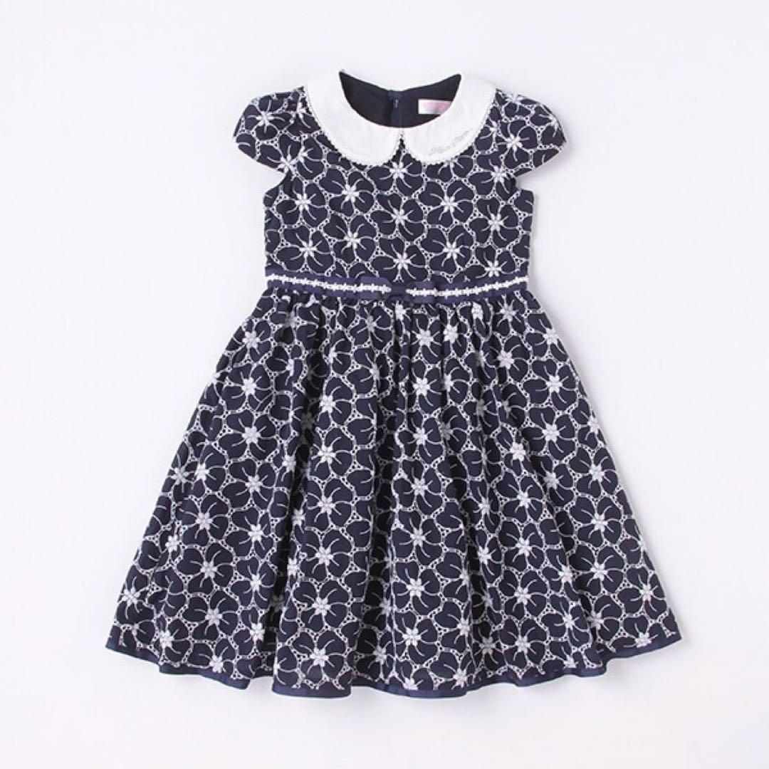 Mezzopiano メゾピアノ 花刺しゅう衿つきワンピース 140 ネイビー