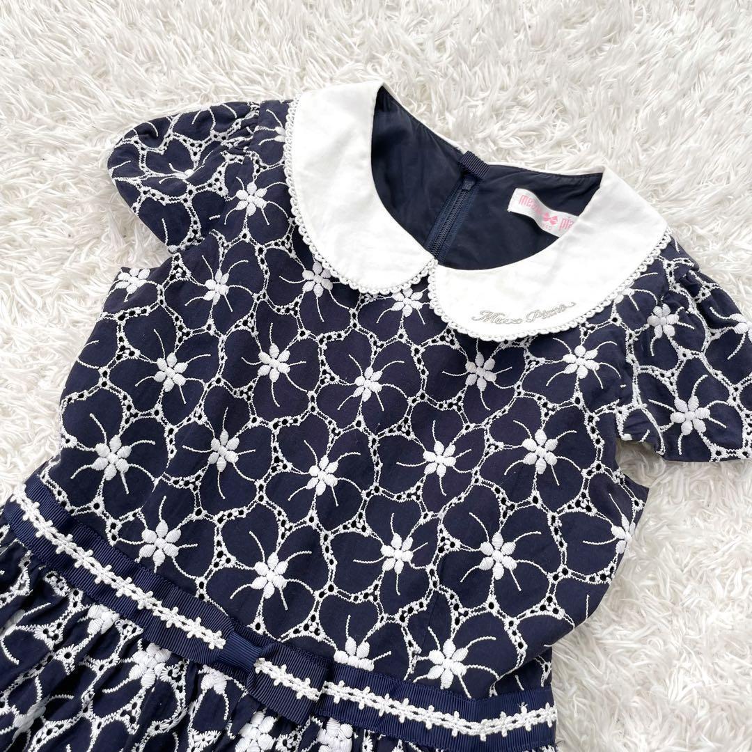 Mezzopiano メゾピアノ 花刺しゅう衿つきワンピース 140 ネイビー