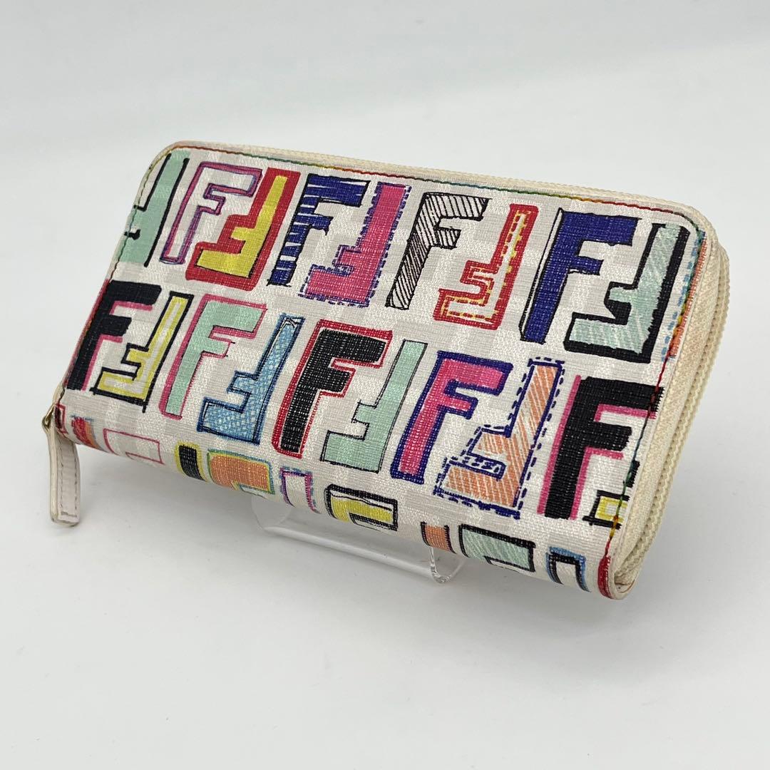 【希少】FENDI 長財布 ラウンドファスナー ズッカ柄 マルチカラー PVC