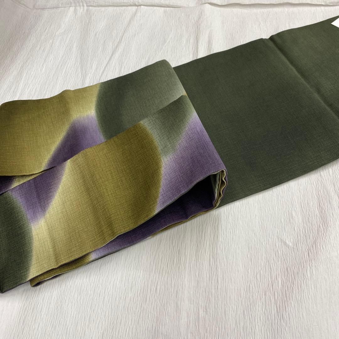 ＢＹ6391 緑　紫　名古屋帯 正絹 小紋 紬 色無地