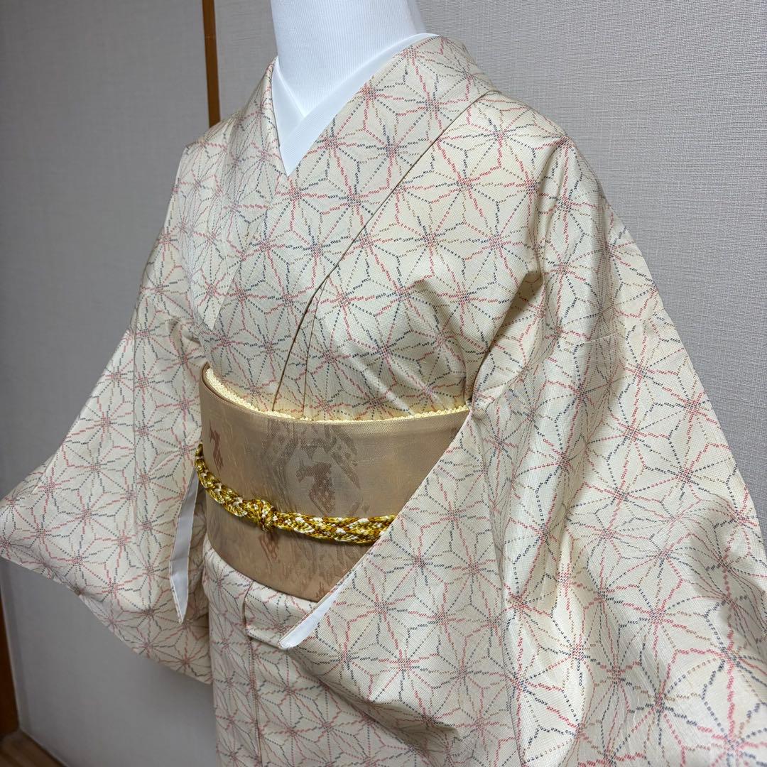 未使用近い　美品　袷　正絹　白紬　十日町紬系　小紋　フルセット