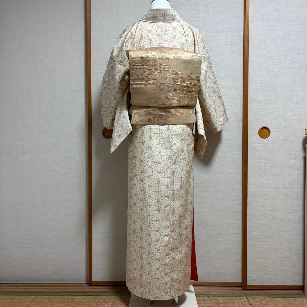 未使用近い　美品　袷　正絹　白紬　十日町紬系　小紋　フルセット