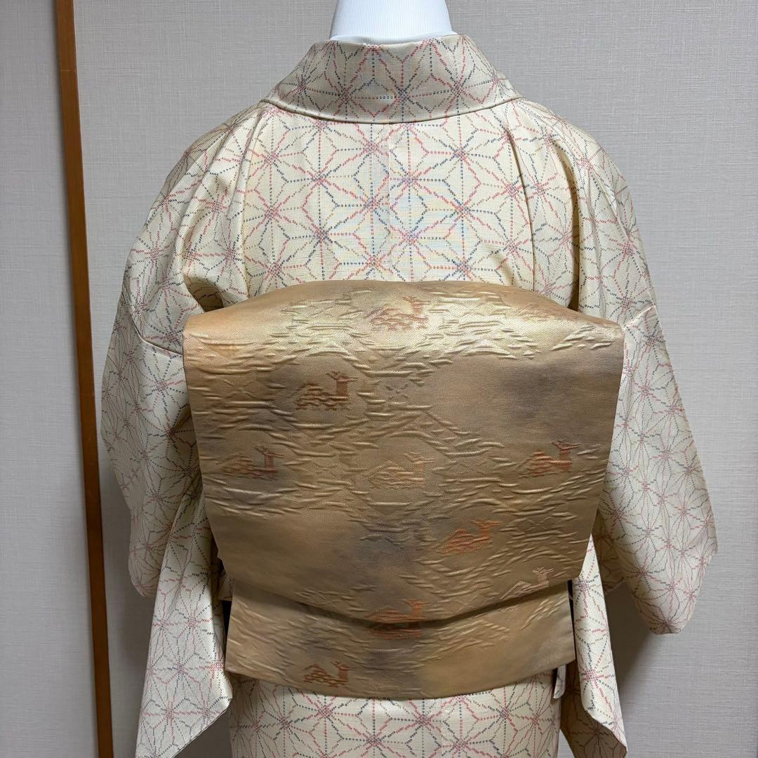 未使用近い　美品　袷　正絹　白紬　十日町紬系　小紋　フルセット