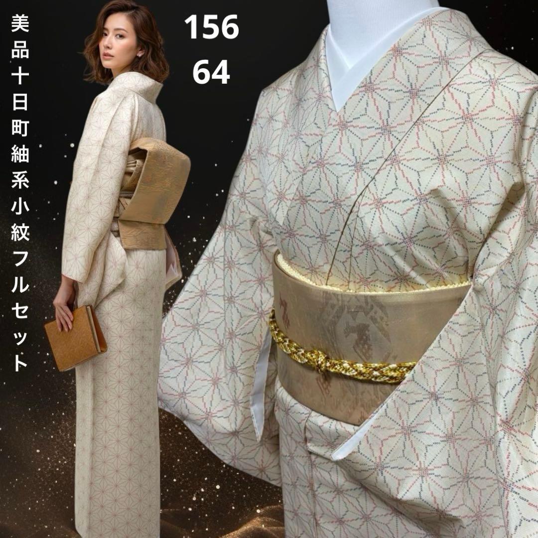 未使用近い　美品　袷　正絹　白紬　十日町紬系　小紋　フルセット