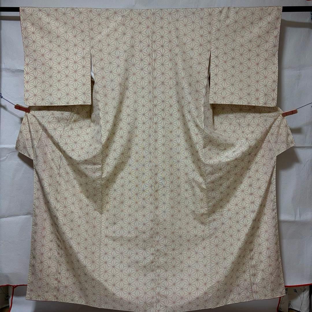 未使用近い　美品　袷　正絹　白紬　十日町紬系　小紋　フルセット