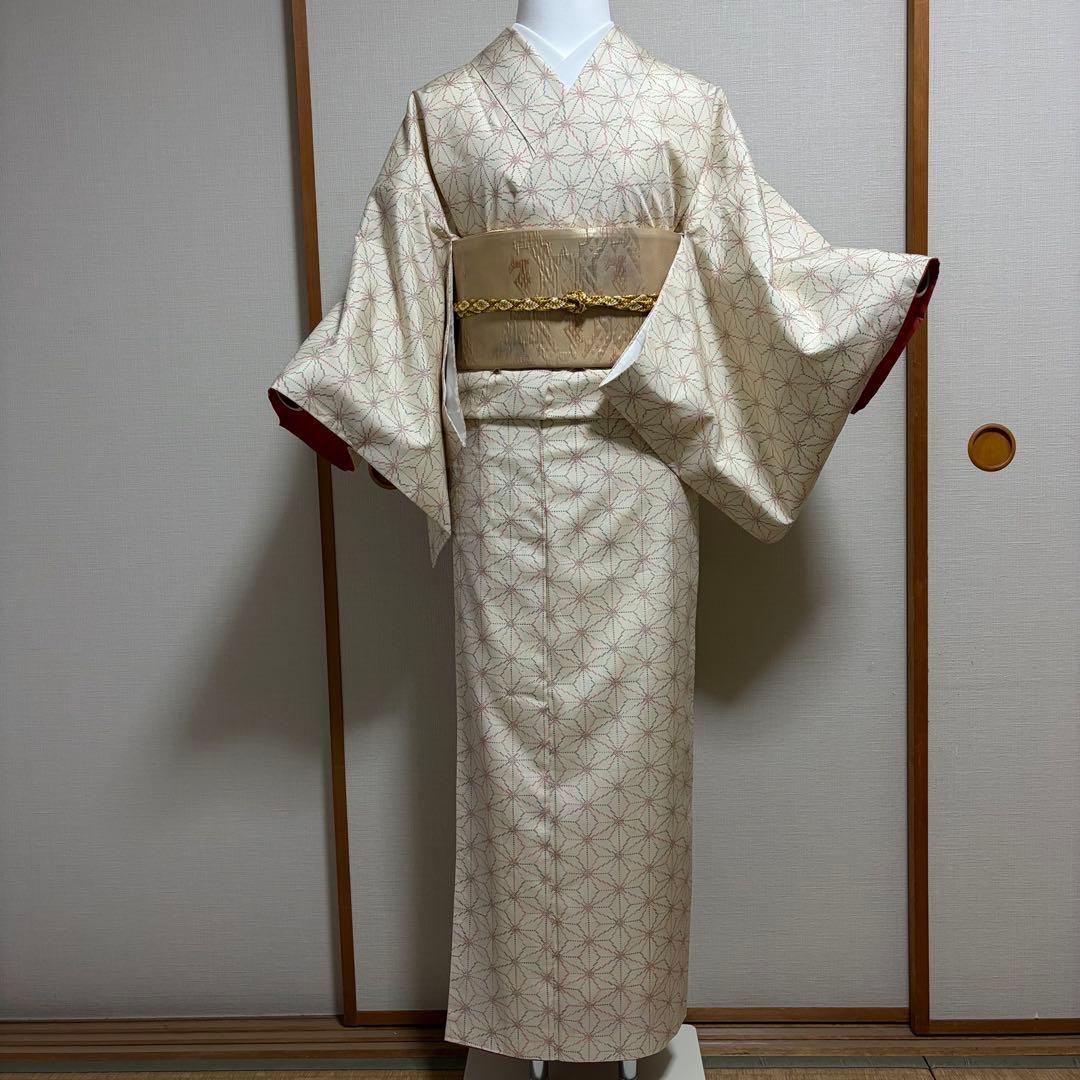 未使用近い　美品　袷　正絹　白紬　十日町紬系　小紋　フルセット