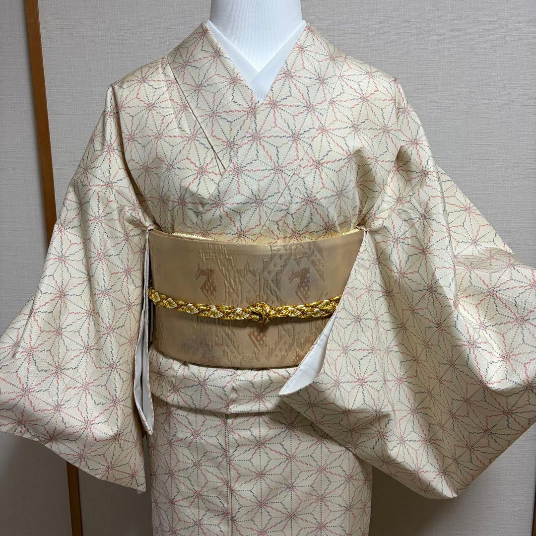 未使用近い　美品　袷　正絹　白紬　十日町紬系　小紋　フルセット