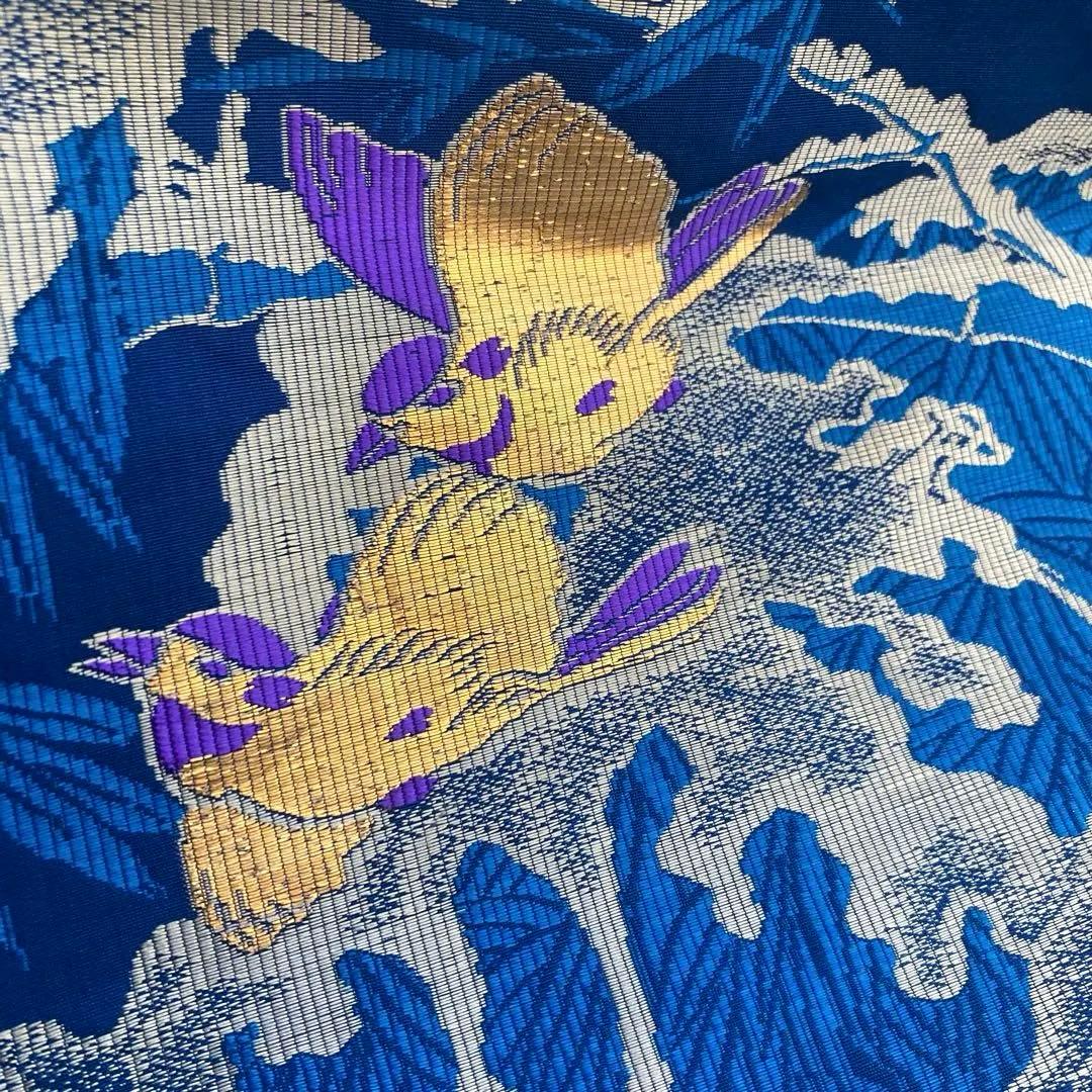 アンティーク京袋帯　小鳥の織り出し　青紺色　大正ロマン　昭和レトロ　N7-25