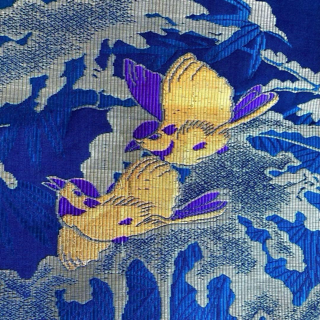 アンティーク京袋帯　小鳥の織り出し　青紺色　大正ロマン　昭和レトロ　N7-25