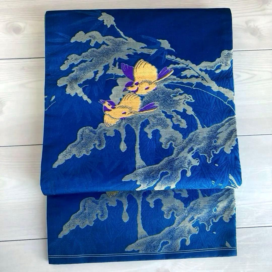 アンティーク京袋帯　小鳥の織り出し　青紺色　大正ロマン　昭和レトロ　N7-25