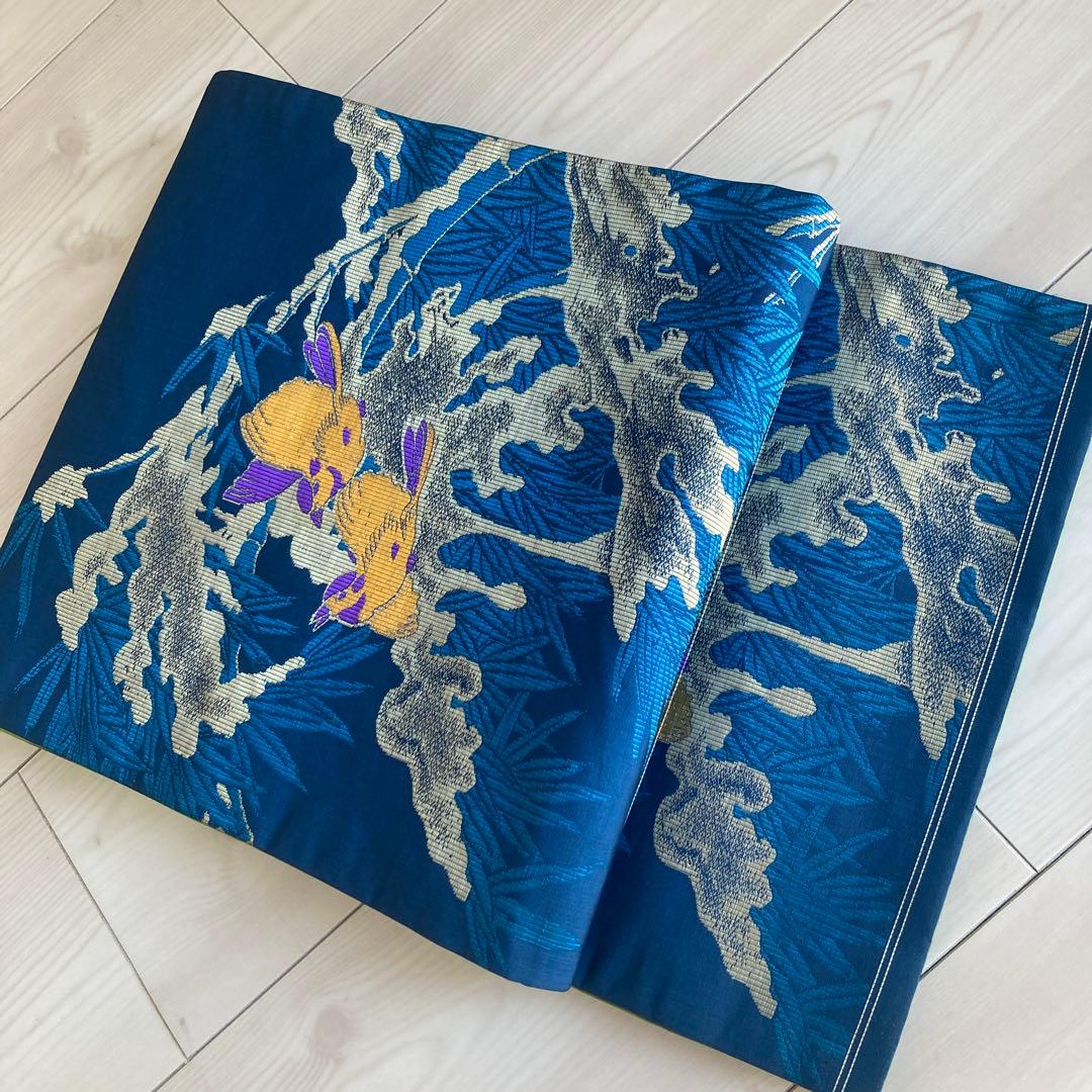 アンティーク京袋帯　小鳥の織り出し　青紺色　大正ロマン　昭和レトロ　N7-25