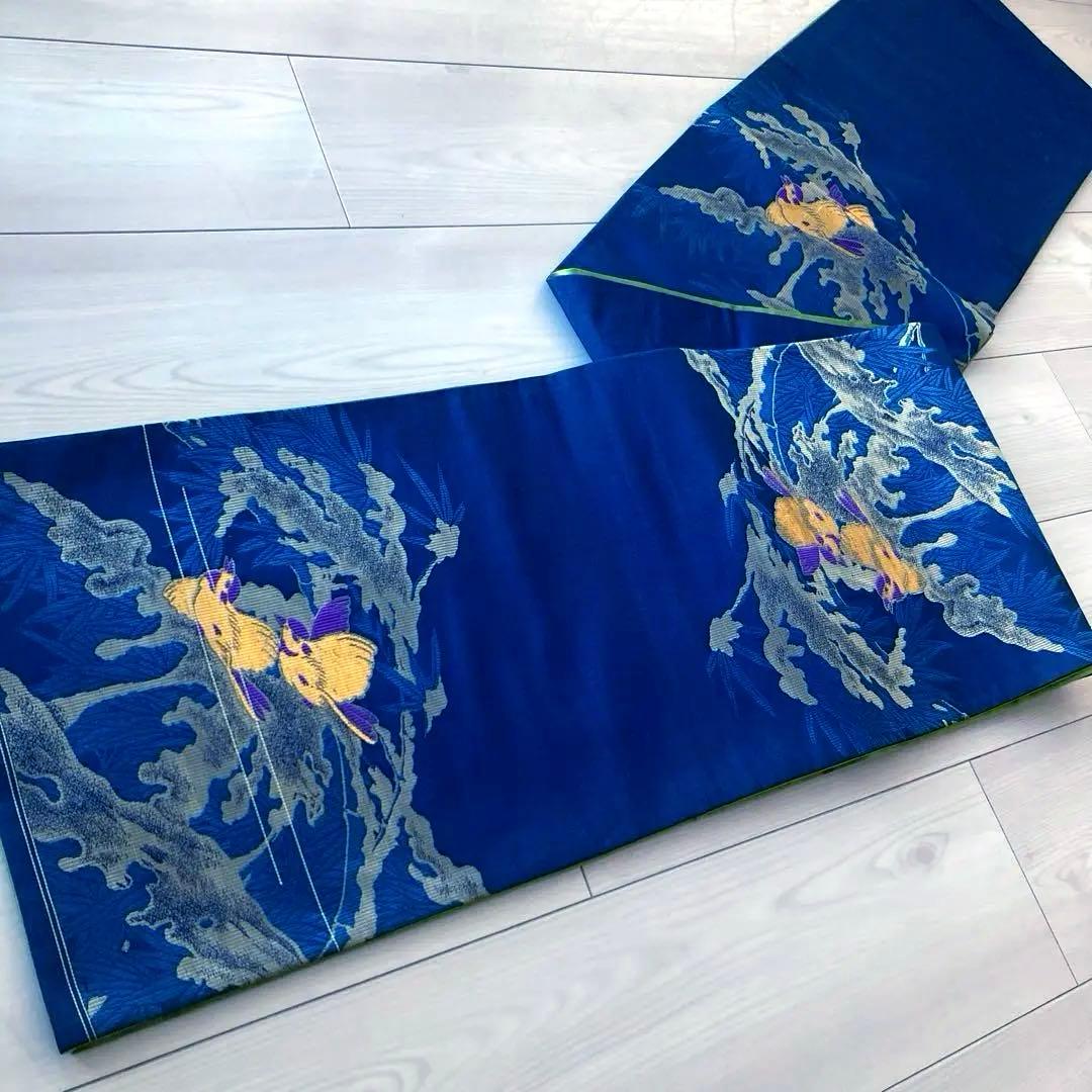 アンティーク京袋帯　小鳥の織り出し　青紺色　大正ロマン　昭和レトロ　N7-25