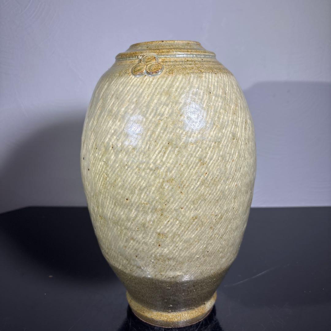 真作　人間国宝　島岡達三　地釉象嵌縄文壷　高さ約27センチ
