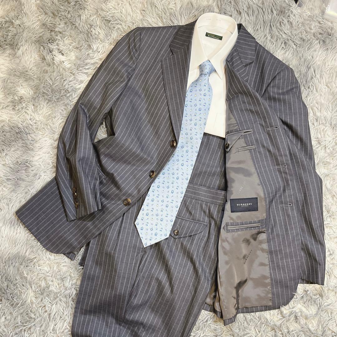 【ほぼ新品】バーバリー ロンドン ストライプ ビジネススーツ セット グレー Ｓ
