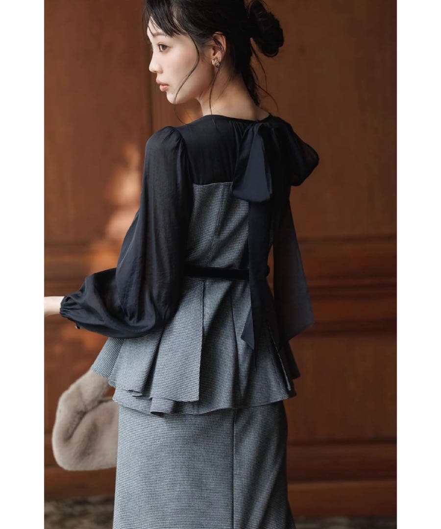 【訳アリ】Mystrada ペプラムコンビワンピース　千鳥　サイズM