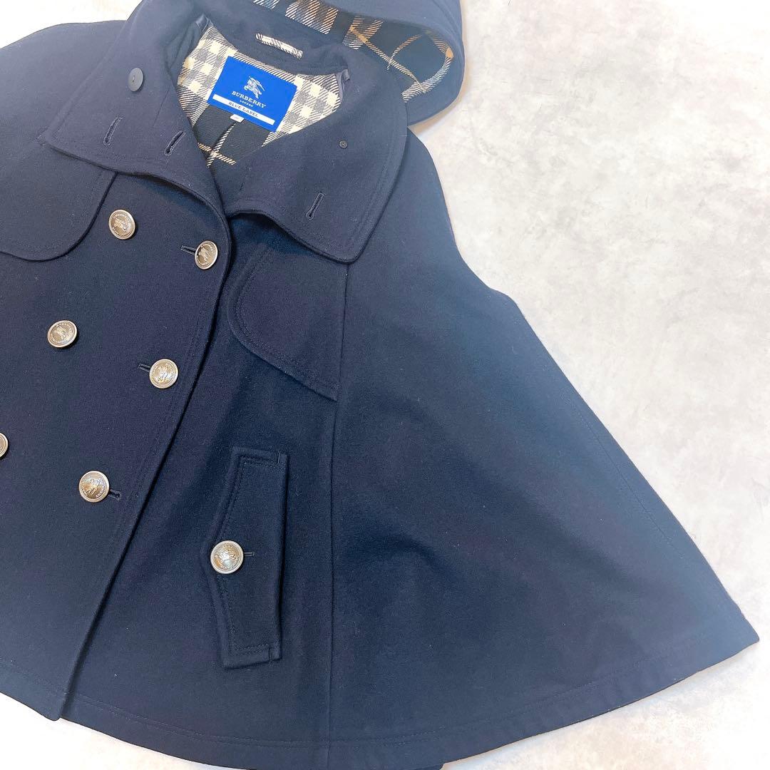 美品◆バーバリー ウール ケープ コート 銀ボタン ノバチェック◇ネイビー 38