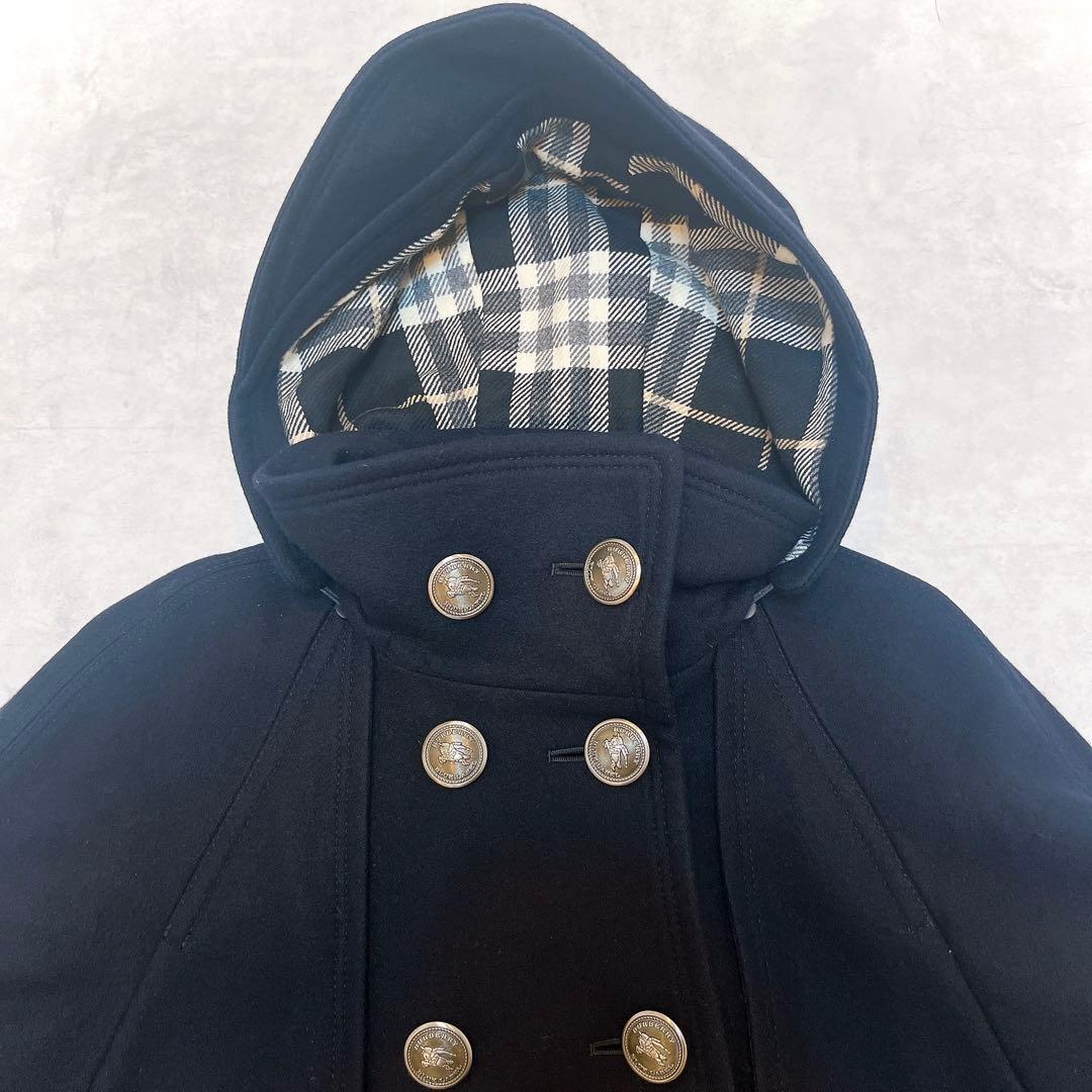 美品◆バーバリー ウール ケープ コート 銀ボタン ノバチェック◇ネイビー 38