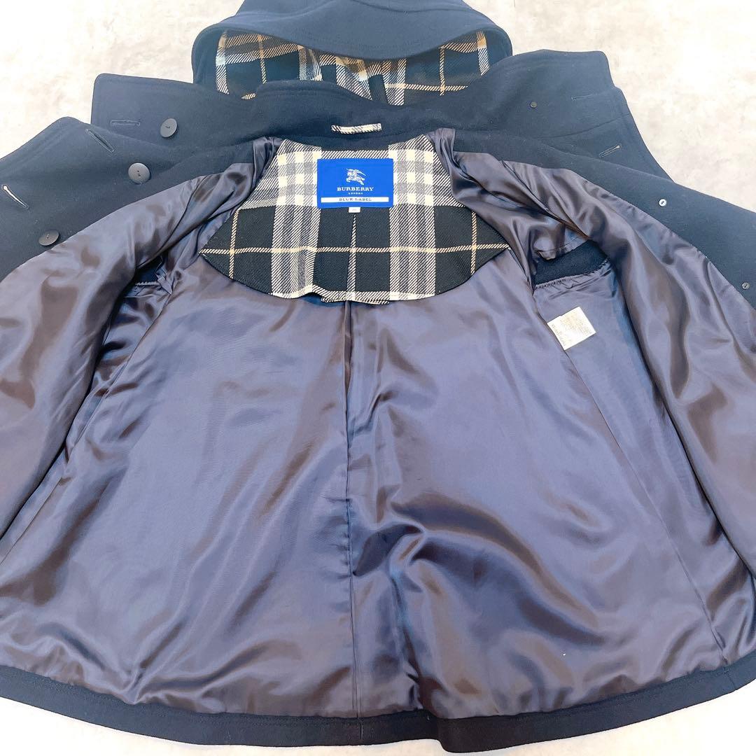 美品◆バーバリー ウール ケープ コート 銀ボタン ノバチェック◇ネイビー 38