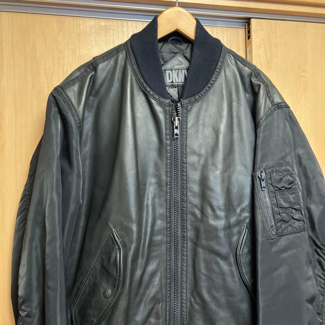 90s DKNY レザー × ナイロン MA-1 ボンバージャケット ビンテージ