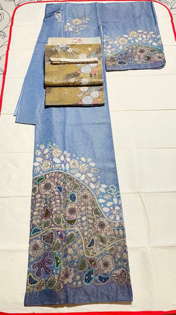 訪問着フルセット　辻ヶ花　作家　落款　絞り　銀通し　ふくれ帯　しつけ糸付