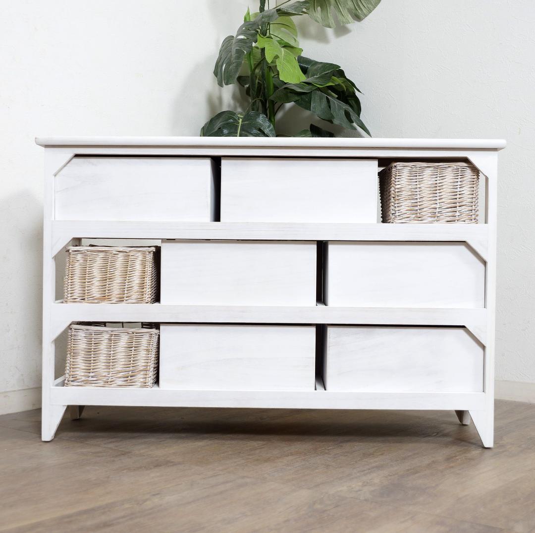 【新品・未使用】　シャビー仕上げ　チェスト　3段9杯　バスケット 完成品