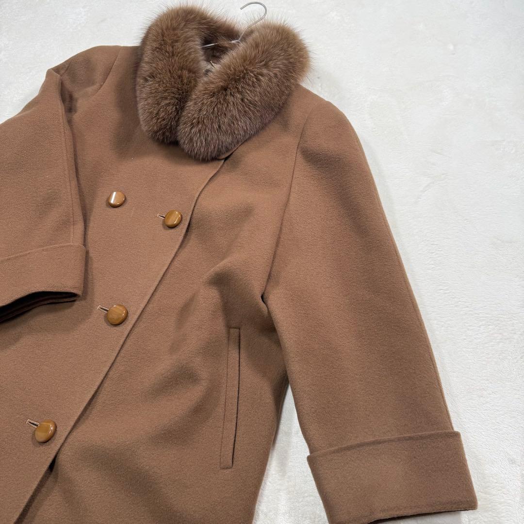 Leilian カシミヤ混 ダブル ロングコート フォックスファー 13+