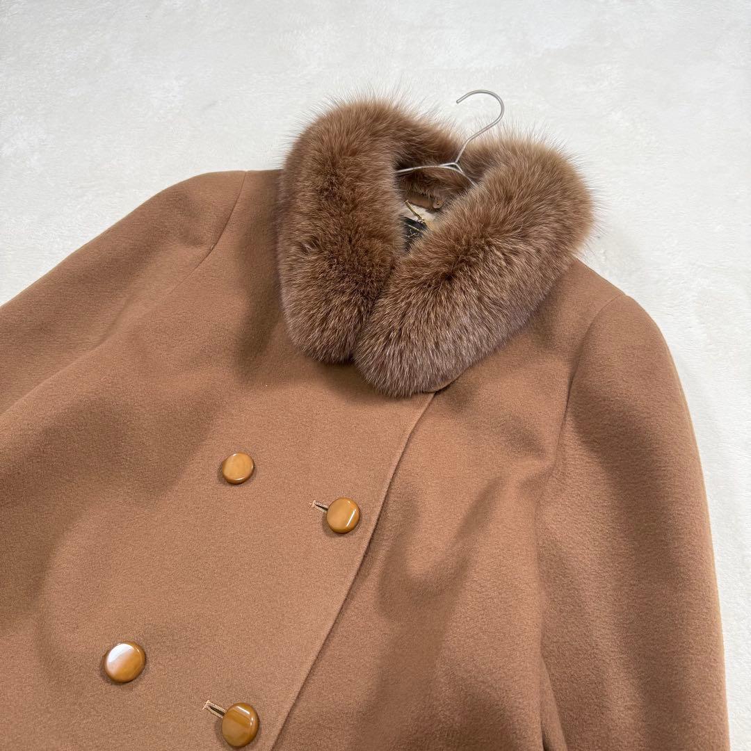Leilian カシミヤ混 ダブル ロングコート フォックスファー 13+