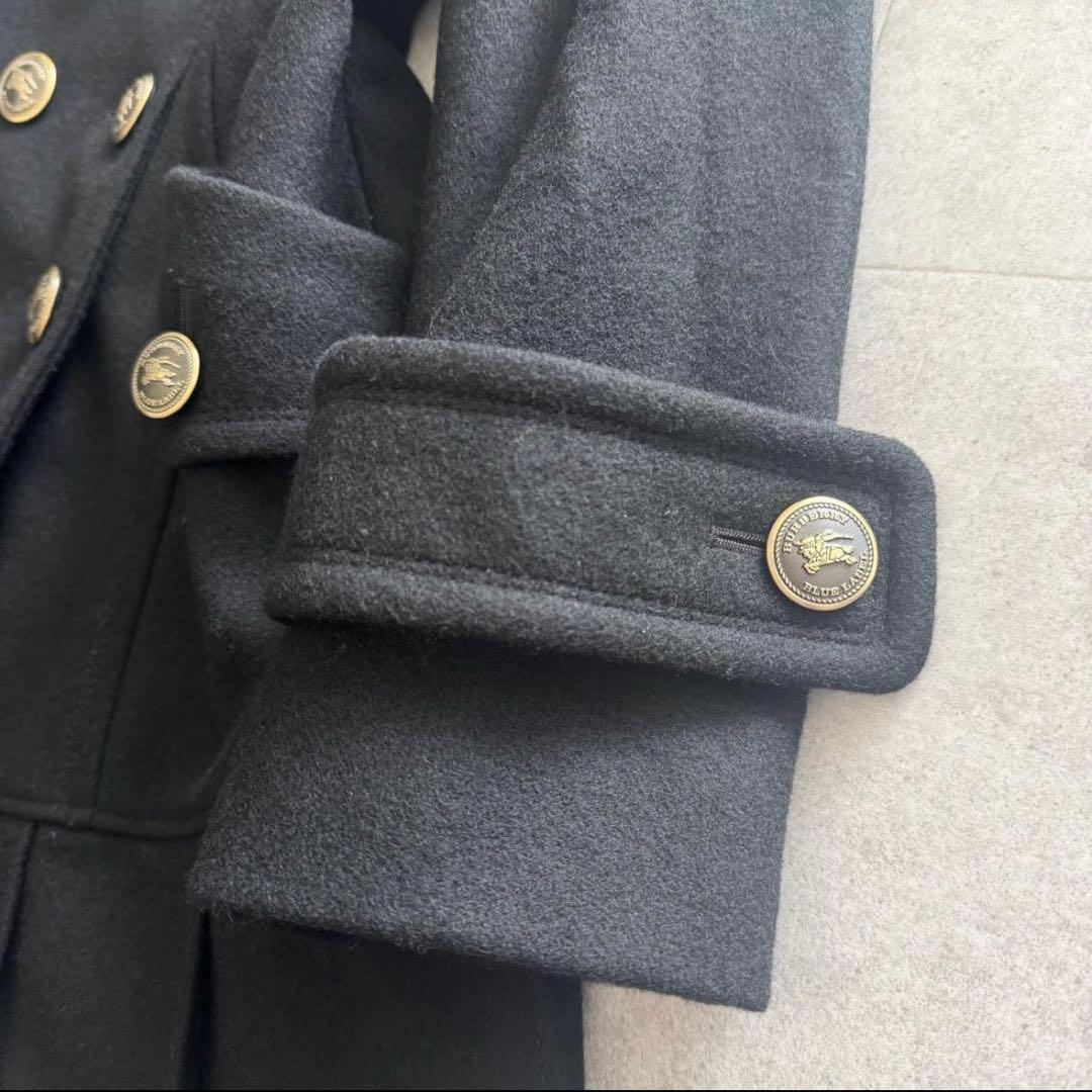 バーバリーブルーレーベル　ロングコート　金ボタン　黒　36 ノバチェック　ダブル