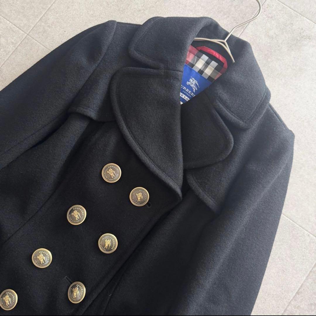 バーバリーブルーレーベル　ロングコート　金ボタン　黒　36 ノバチェック　ダブル